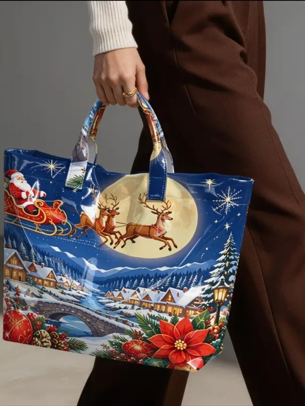 Santa's Sleigh Holiday Snow Town Scenery Beautiful Daily Winter Tote